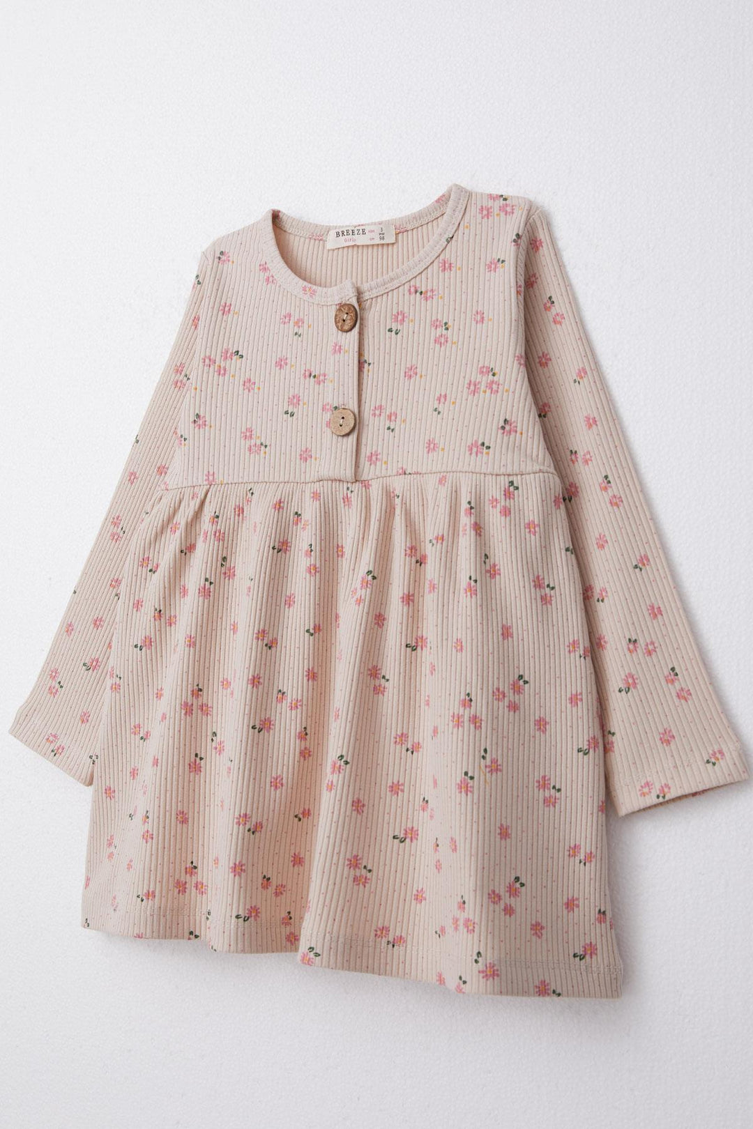 BRE Breeze Girl Child Long Sleeve Dress with Floral Buttoned 1.5-5 Years, Beige - Apan
