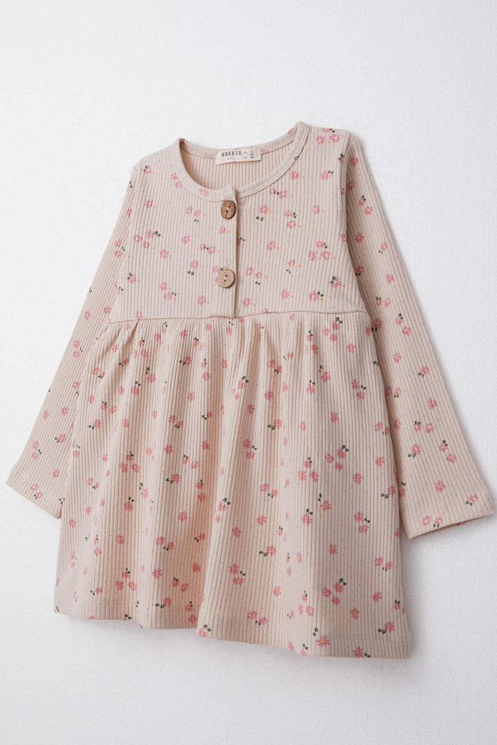 BRE Breeze Girl Child Long Sleeve Dress with Floral Buttoned 1.5-5 Years, Beige - Apan