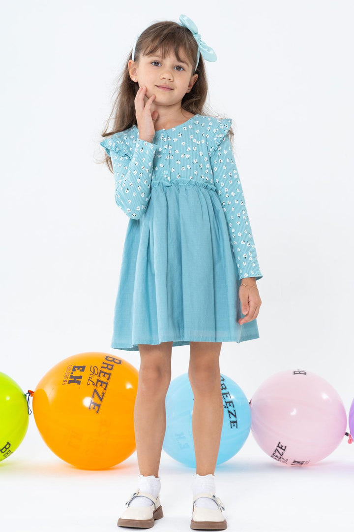 فستان بناتي بأكمام طويلة من BRE Breeze مع نقش زهور وأكتاف مكشكشة بأزرار لعمر 2-6 سنوات، أخضر مائي - أنسباخ
