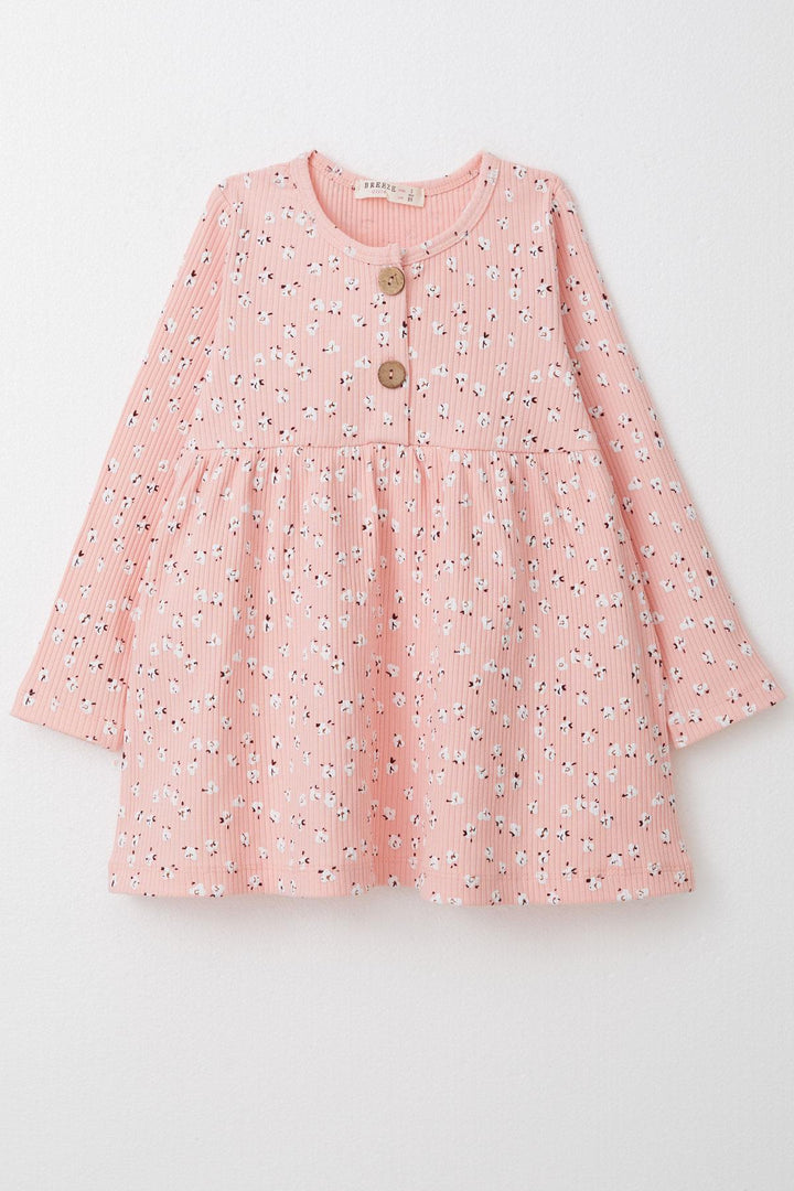 BRE Breeze Girl Child Long Sleeve Dress with Floral Button 1.5-5 Years, Salmon - Merano