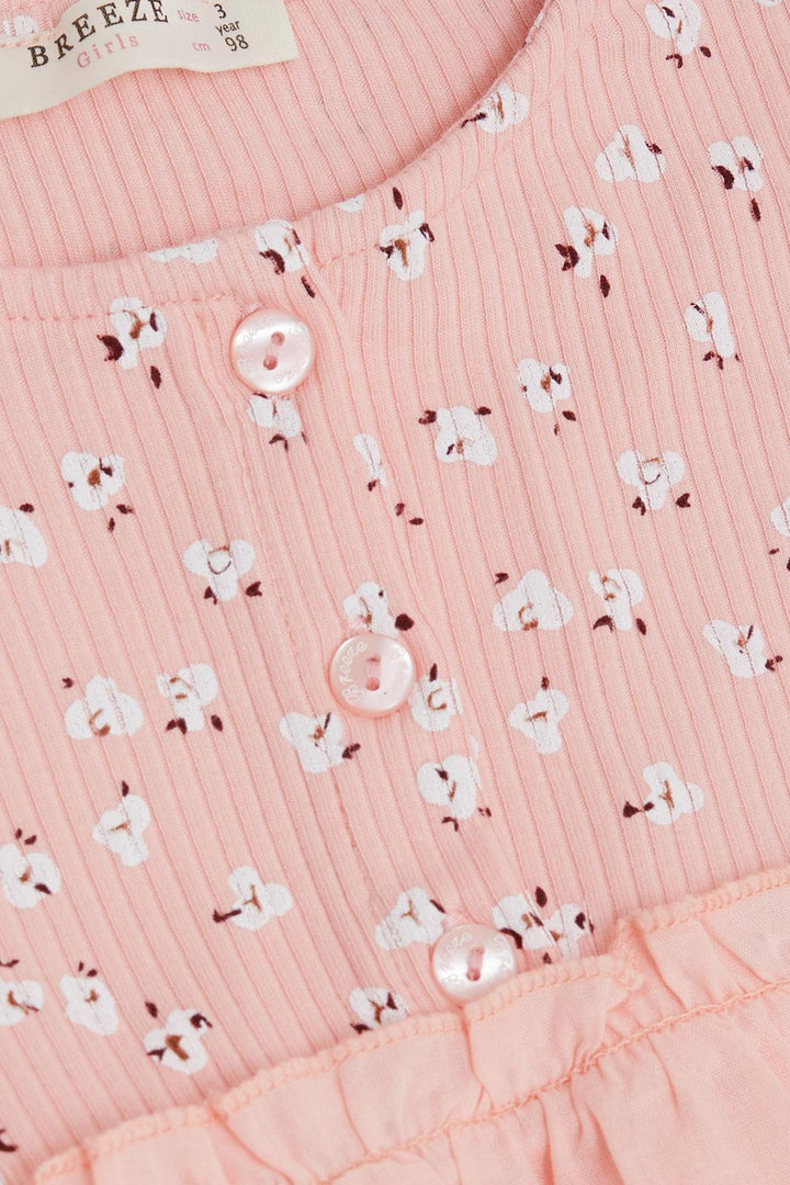BRE Breeze Girl Child Long Sleeve Dress with Flower Pattern Buttoned Frilly Shoulder 2-6 Years, Pink - Navapolatsk