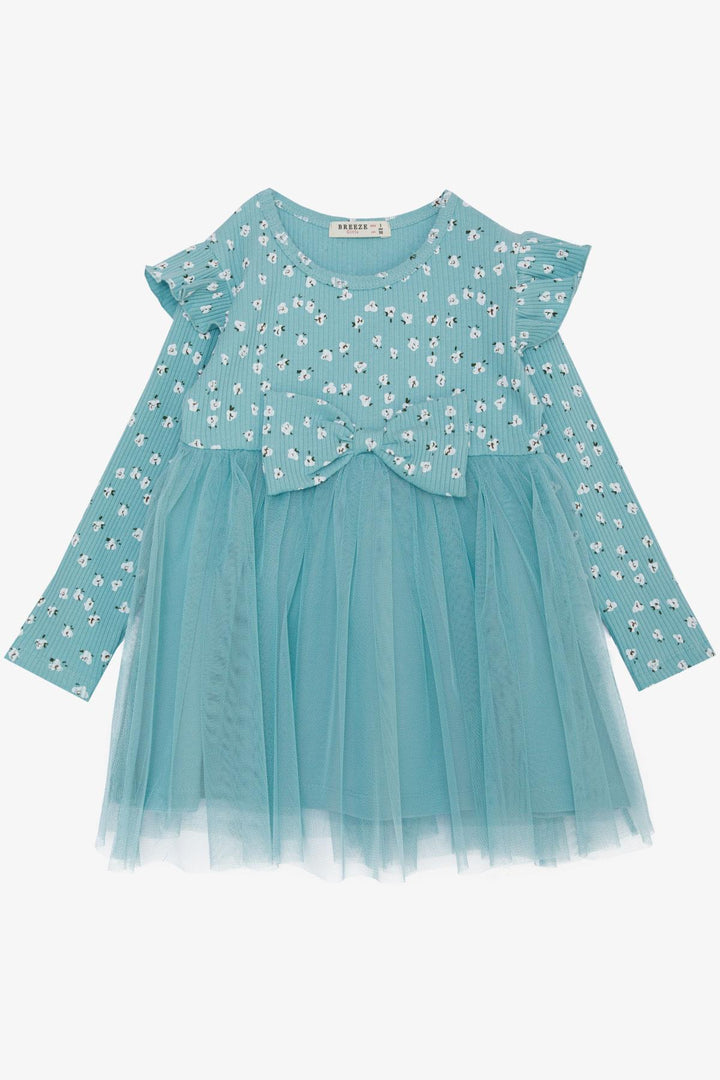 BRE Breeze Girl Child Long Sleeve Dress with Flower Pattern Ruffled Bow 3-7 Years, Aqua Green - Blackpool