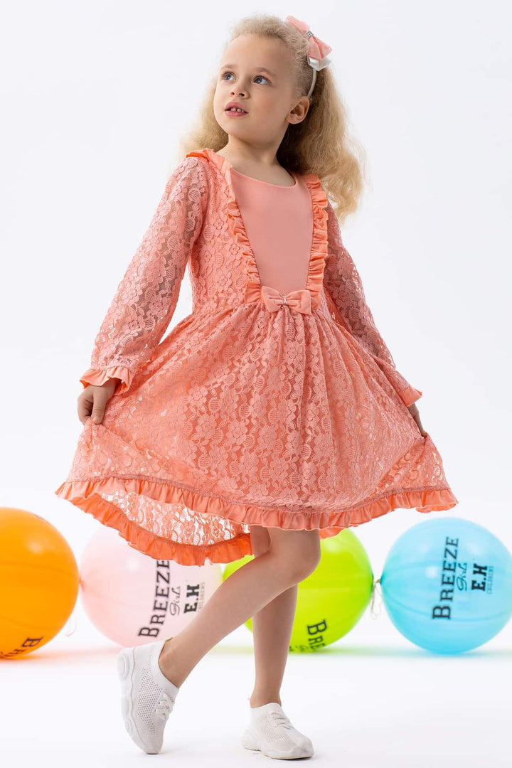BRE Breeze Girl Child Long Sleeve Dress with Lace Bow 2-6 Years, Salmon - Siegburg