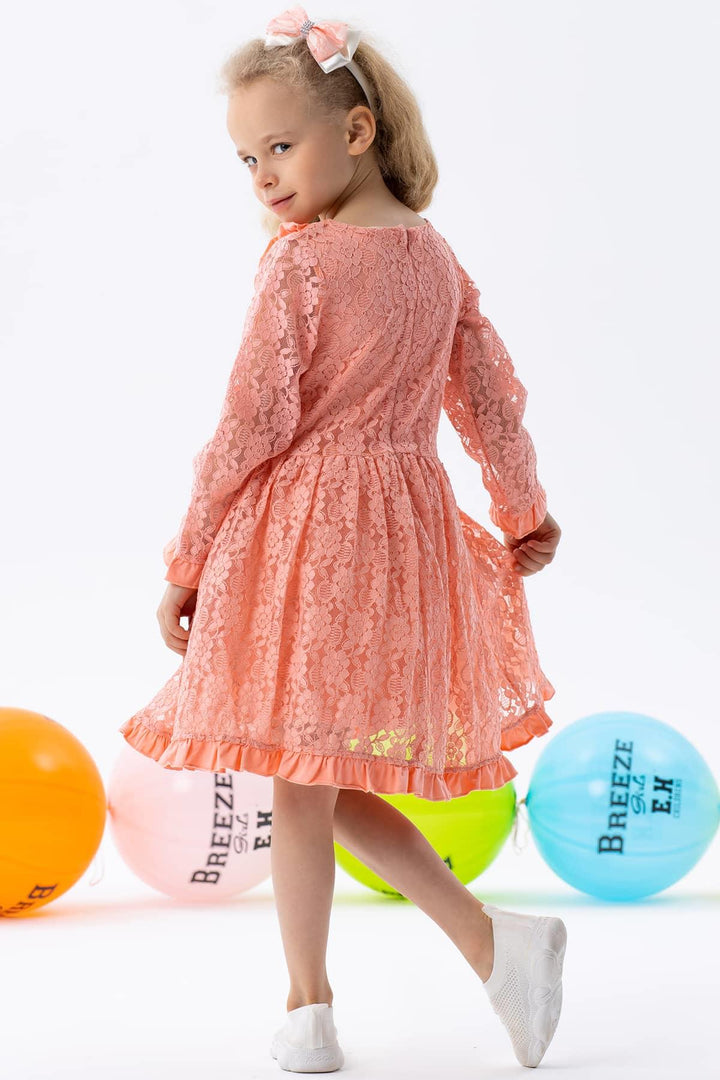 BRE Breeze Girl Child Long Sleeve Dress with Lace Bow 2-6 Years, Salmon - Siegburg