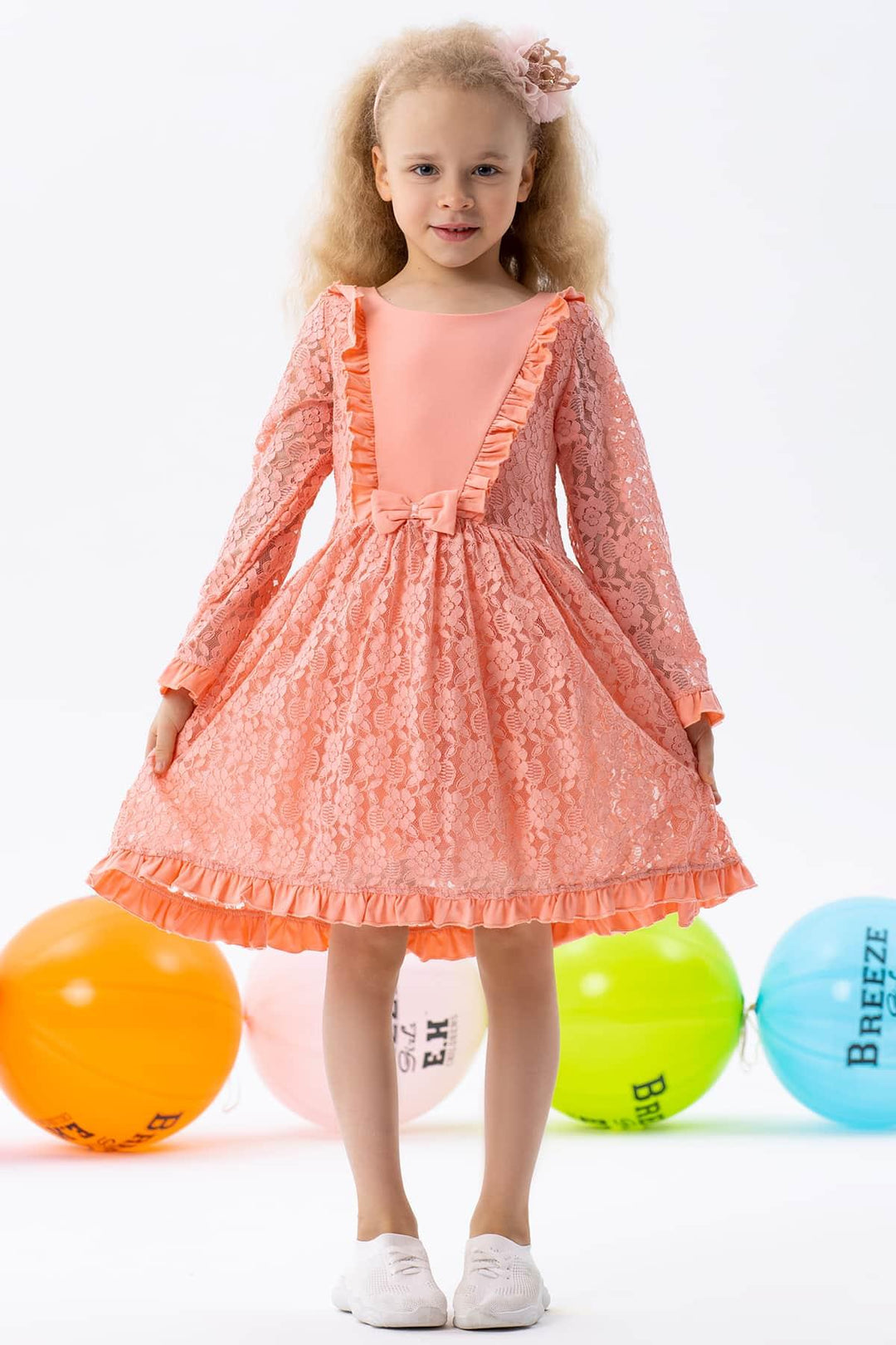 BRE Breeze Girl Child Long Sleeve Dress with Lace Bow 2-6 Years, Salmon - Siegburg