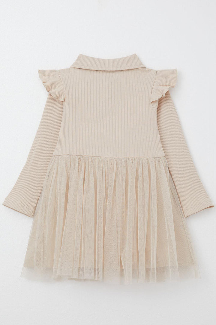 BRE Breeze Girl Child Long Sleeve Dress with Buttons and Bow, 3-8 Years, Beige - El Dorado Hills