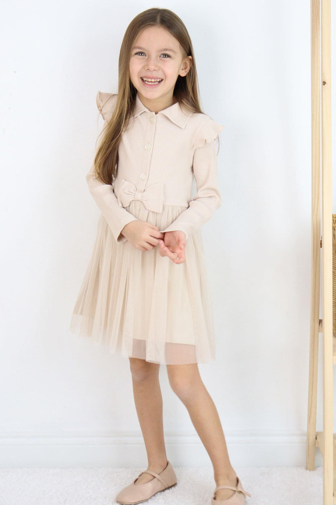 BRE Breeze Girl Child Long Sleeve Dress with Buttons and Bow, 3-8 Years, Beige - El Dorado Hills