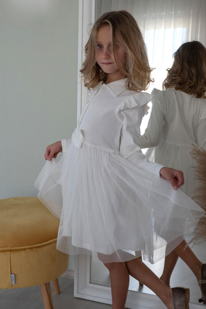 BRE Breeze Girl Child Long Sleeve Dress with Buttons and Bow 3-8 Years, Ecru - Port Coquitlam