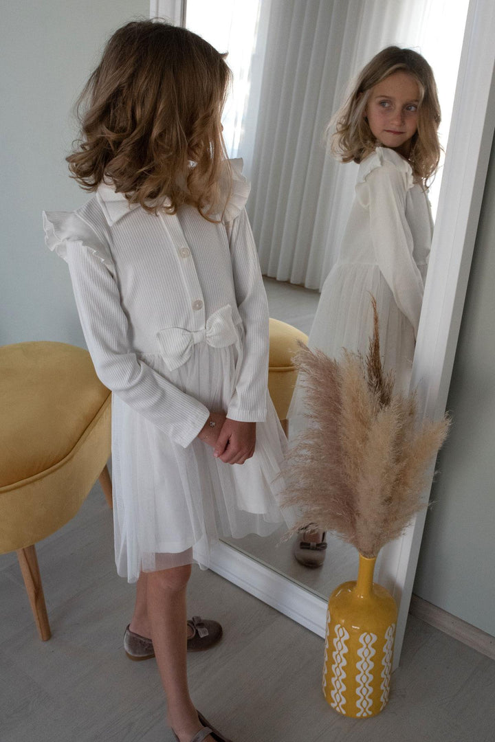 BRE Breeze Girl Child Long Sleeve Dress with Buttons and Bow 3-8 Years, Ecru - Port Coquitlam