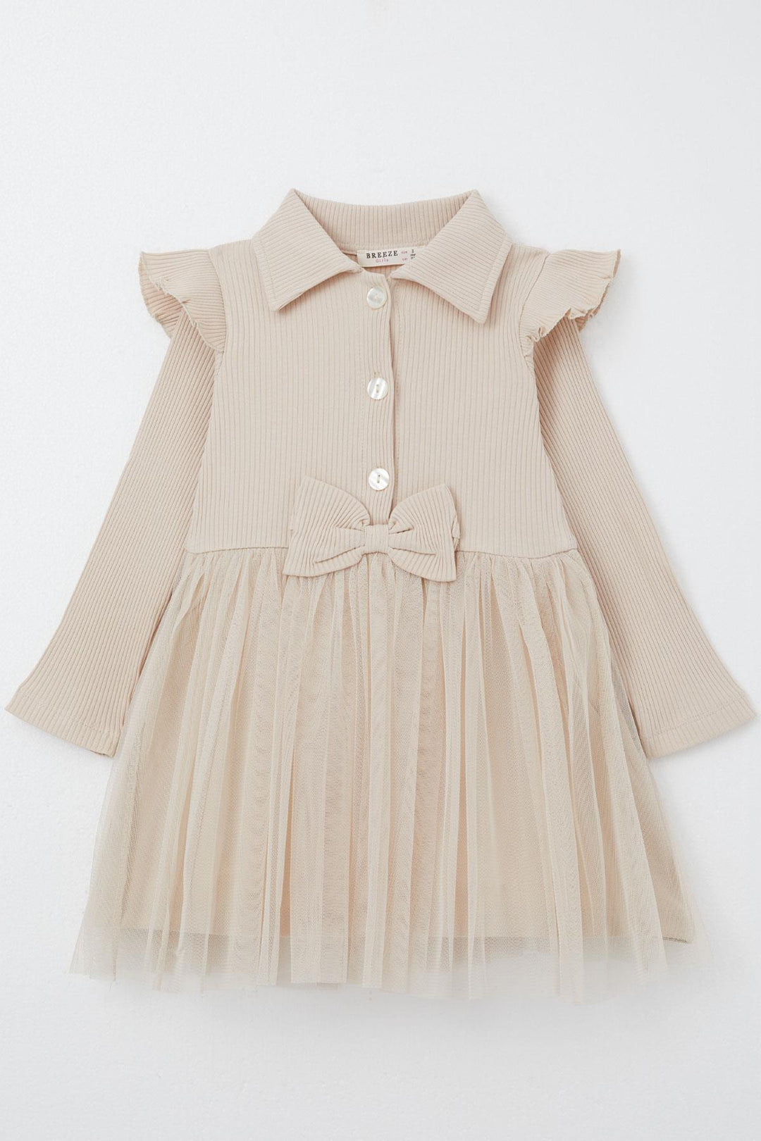 BRE Breeze Girl Child Long Sleeve Dress with Buttons and Bow, 3-8 Years, Beige - El Dorado Hills