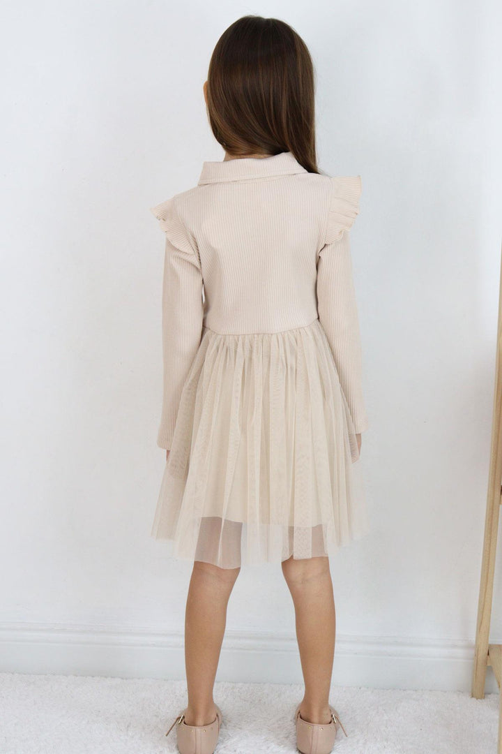 BRE Breeze Girl Child Long Sleeve Dress with Buttons and Bow, 3-8 Years, Beige - El Dorado Hills