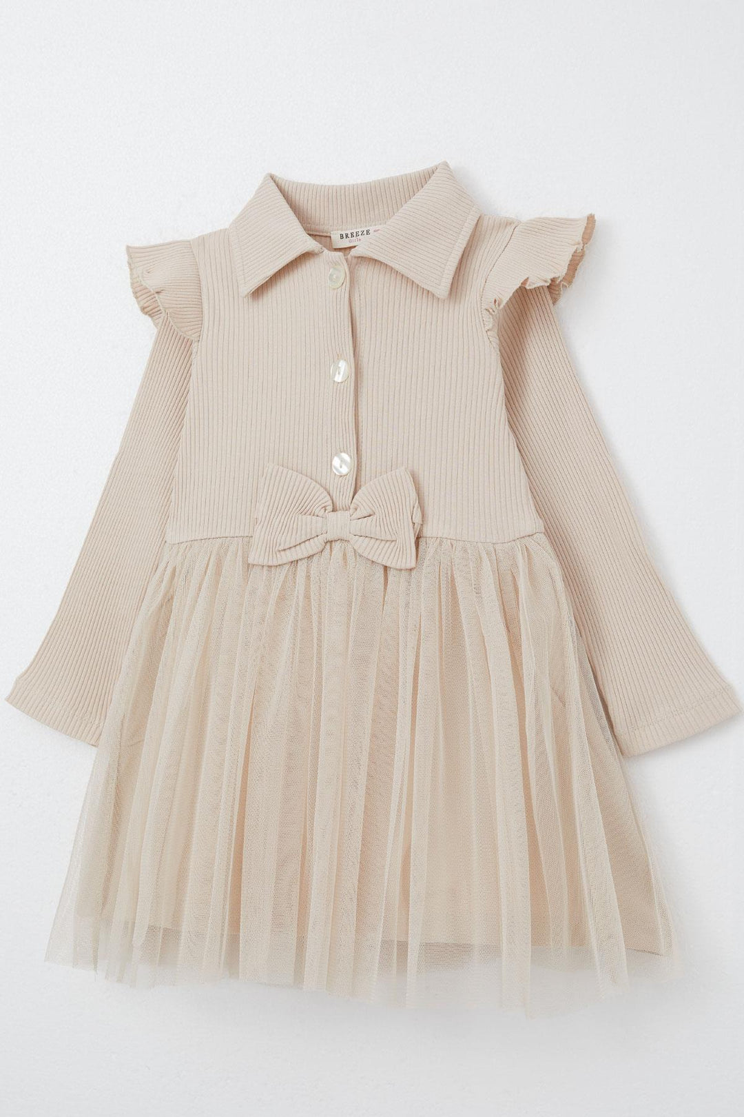 BRE Breeze Girl Child Long Sleeve Dress with Buttons and Bow, 3-8 Years, Beige - El Dorado Hills