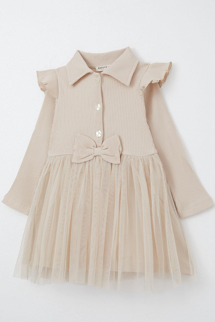 BRE Breeze Girl Child Long Sleeve Dress with Buttons and Bow, 3-8 Years, Beige - El Dorado Hills