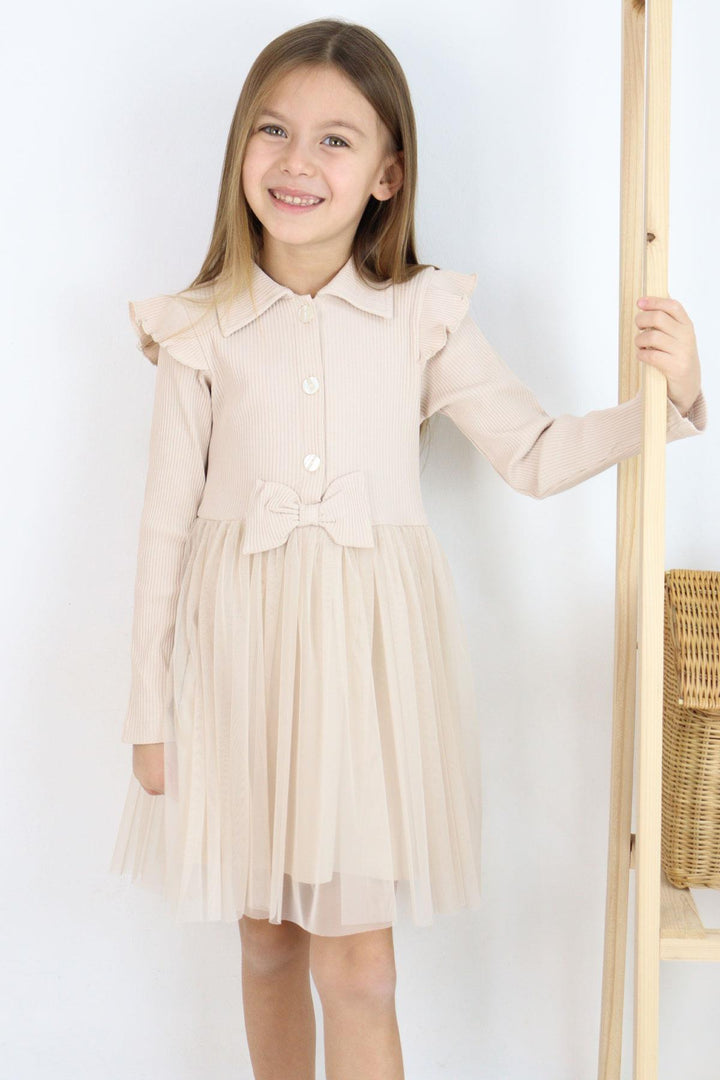 BRE Breeze Girl Child Long Sleeve Dress with Buttons and Bow, 3-8 Years, Beige - El Dorado Hills