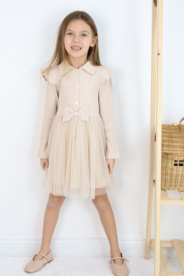 BRE Breeze Girl Child Long Sleeve Dress with Buttons and Bow, 3-8 Years, Beige - El Dorado Hills