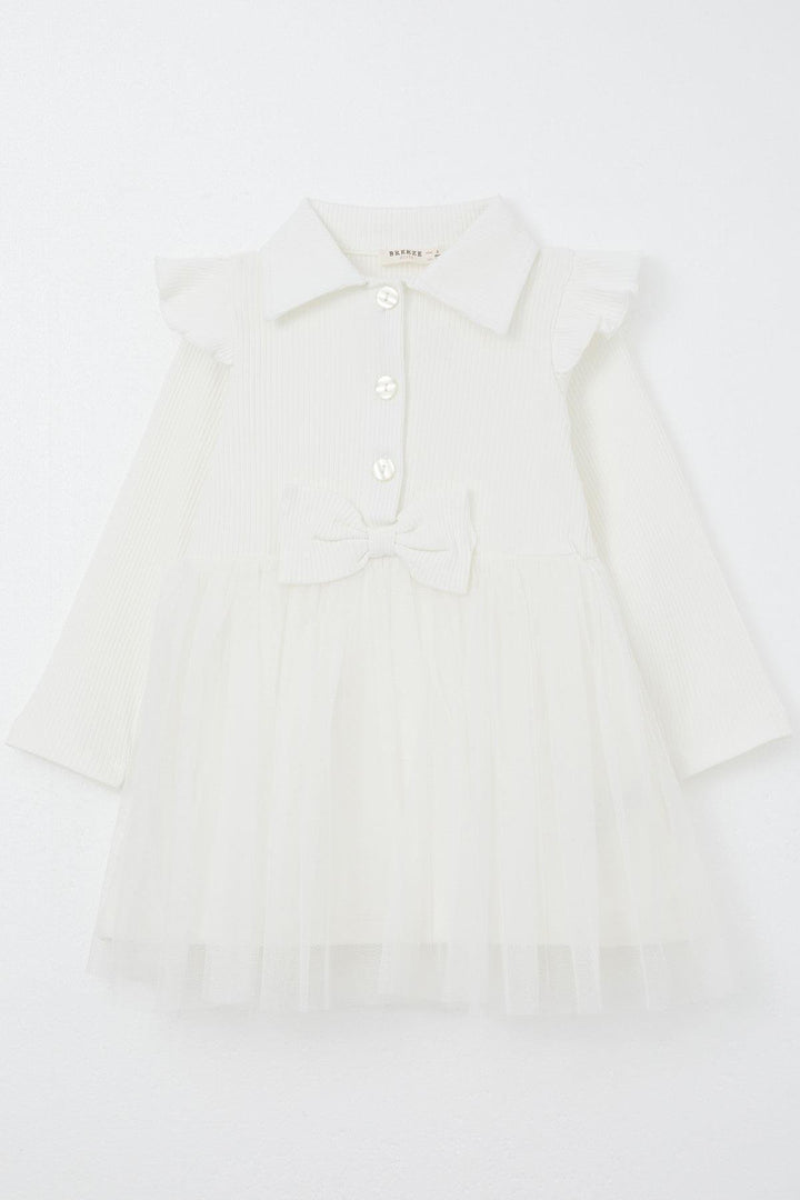 BRE Breeze Girl Child Long Sleeve Dress with Buttons and Bow 3-8 Years, Ecru - Port Coquitlam