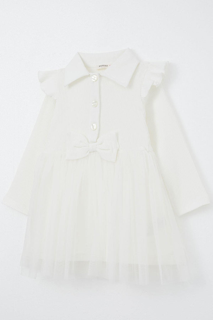 BRE Breeze Girl Child Long Sleeve Dress with Buttons and Bow 3-8 Years, Ecru - Port Coquitlam