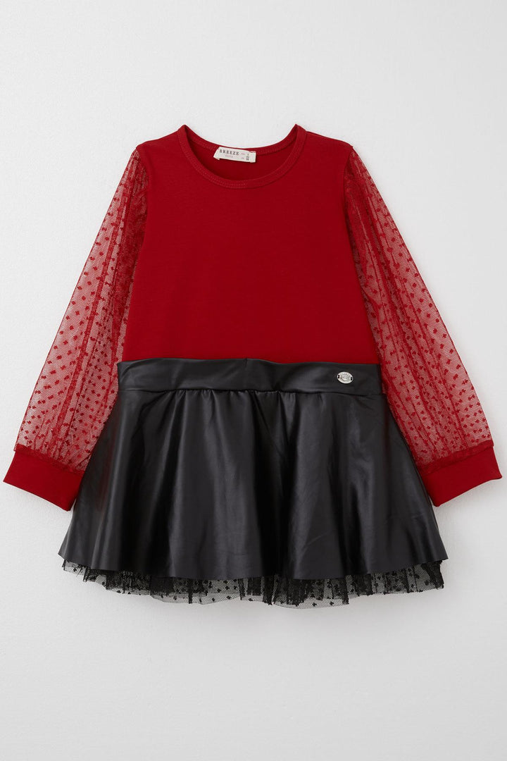BRE Breeze Girl Child Long Sleeve Dress Skirt Part Leather Sleeves Tulle Detailed 3-8 Years, Red - Cheltenham