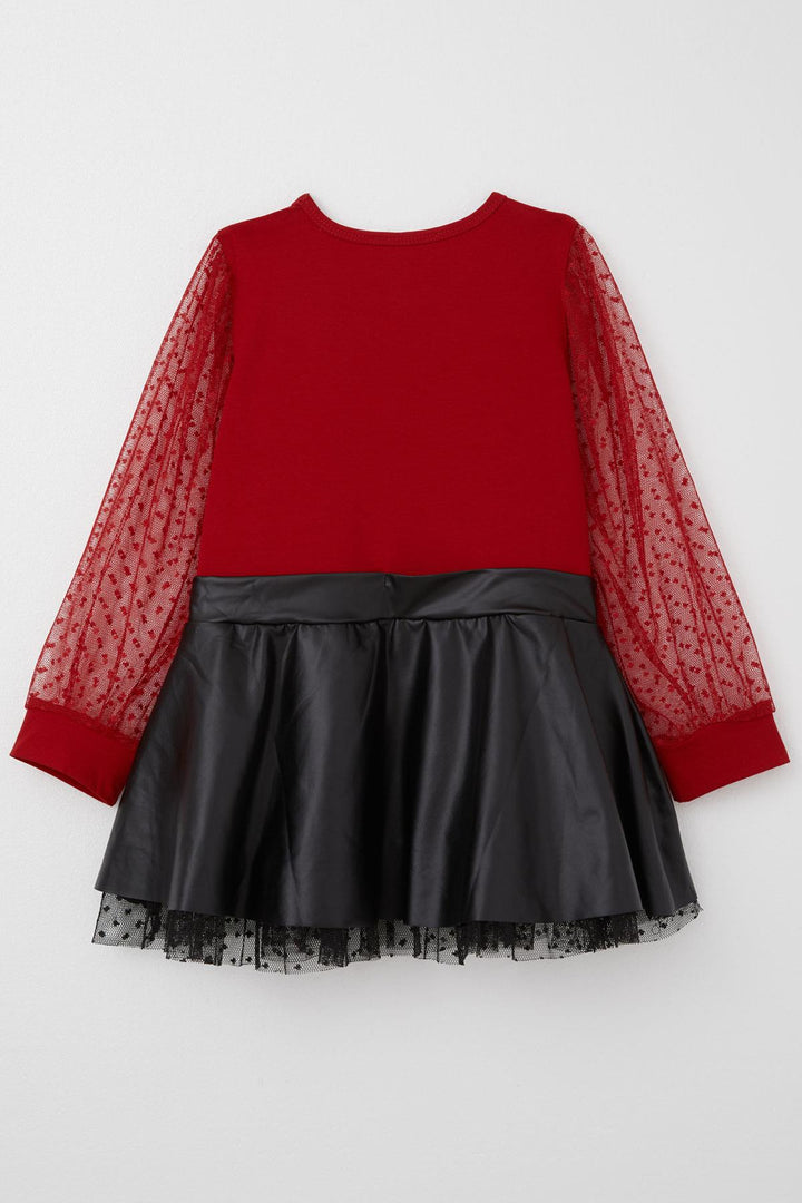 BRE Breeze Girl Child Long Sleeve Dress Skirt Part Leather Sleeves Tulle Detailed 3-8 Years, Red - Cheltenham