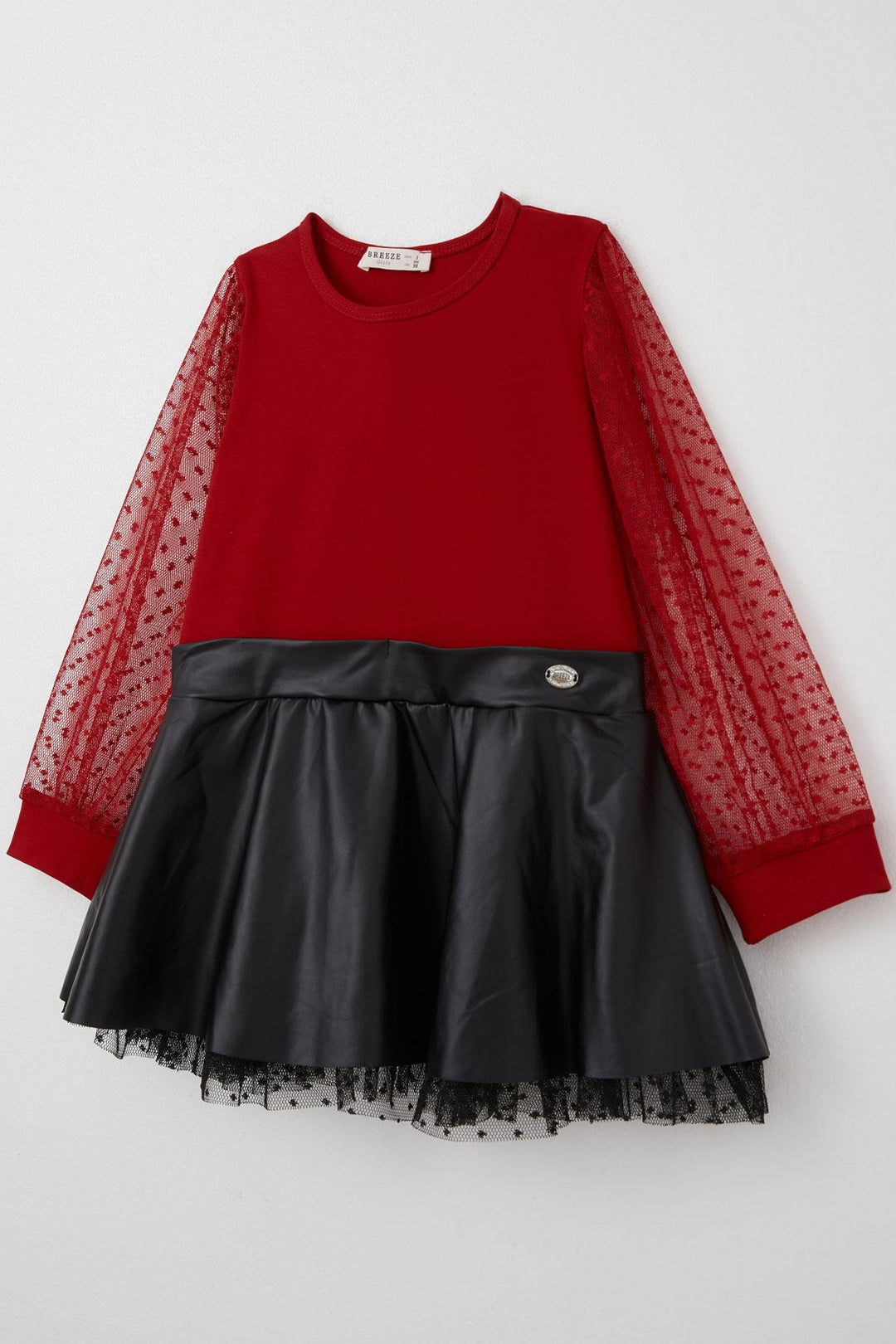 BRE Breeze Girl Child Long Sleeve Dress Skirt Part Leather Sleeves Tulle Detailed 3-8 Years, Red - Cheltenham