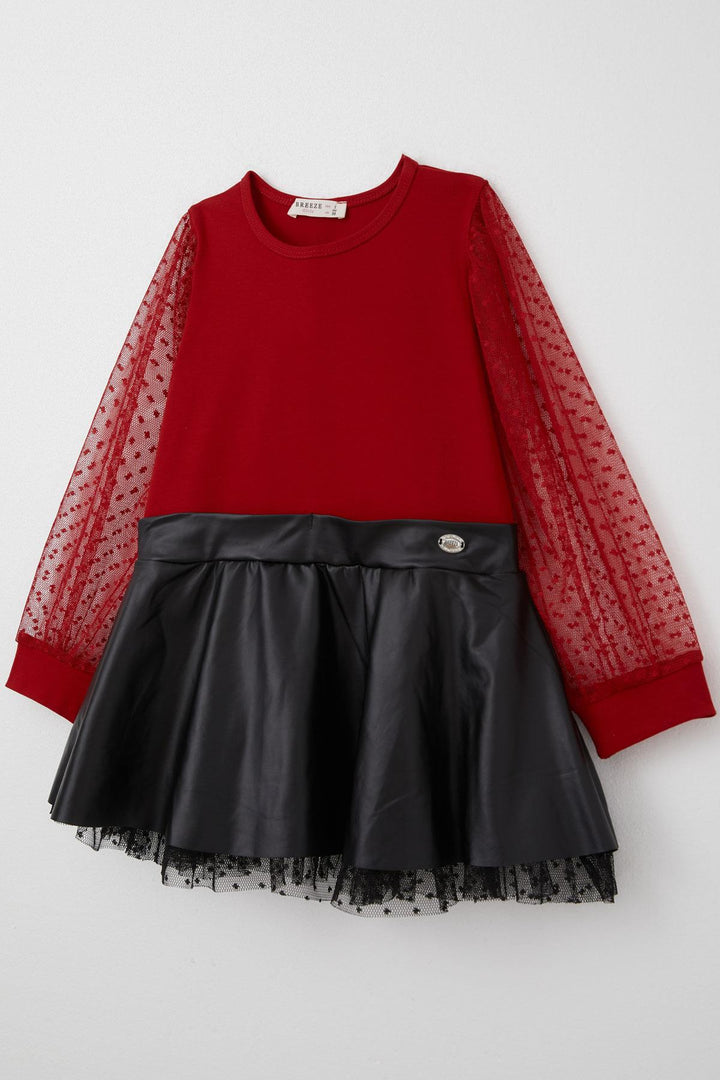 BRE Breeze Girl Child Long Sleeve Dress Skirt Part Leather Sleeves Tulle Detailed 3-8 Years, Red - Cheltenham