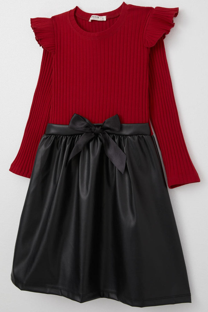 BRE Breeze Girl Child Long Sleeve Dress Skirt Leather Shoulder Ruffled Bow 50 Years, Red - Düsseldorf