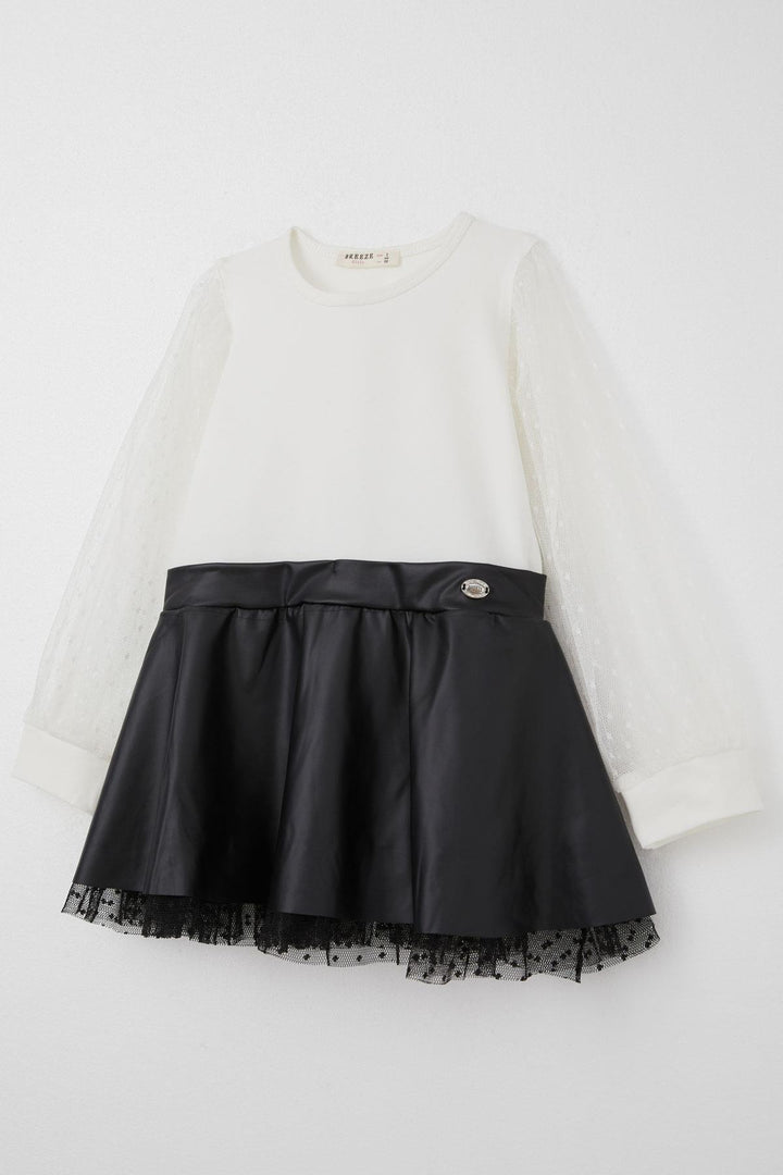 BRE Breeze Girl Child Long Sleeve Dress Skirt Part Leather Sleeves Tulle Detailed 3-8 Years, Ecru - Salem
