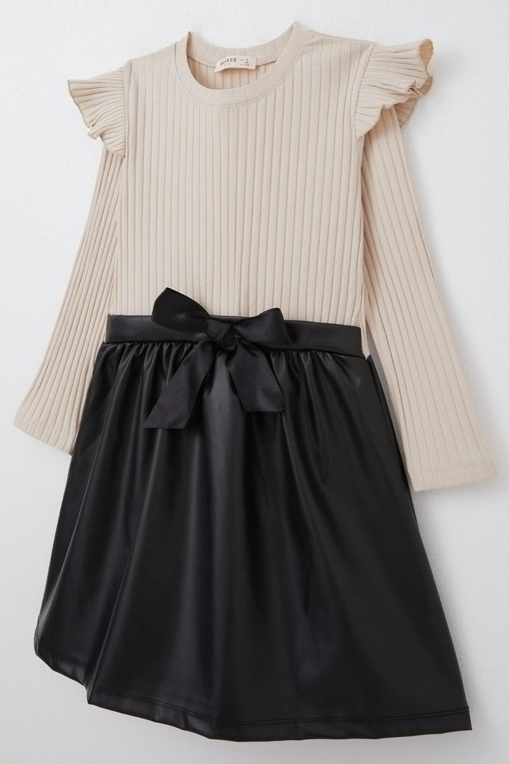 BRE Breeze Girl Child Long Sleeve Dress Skirt Leather Shoulder Ruffled Bow 50 Years, Beige - Bayreuth