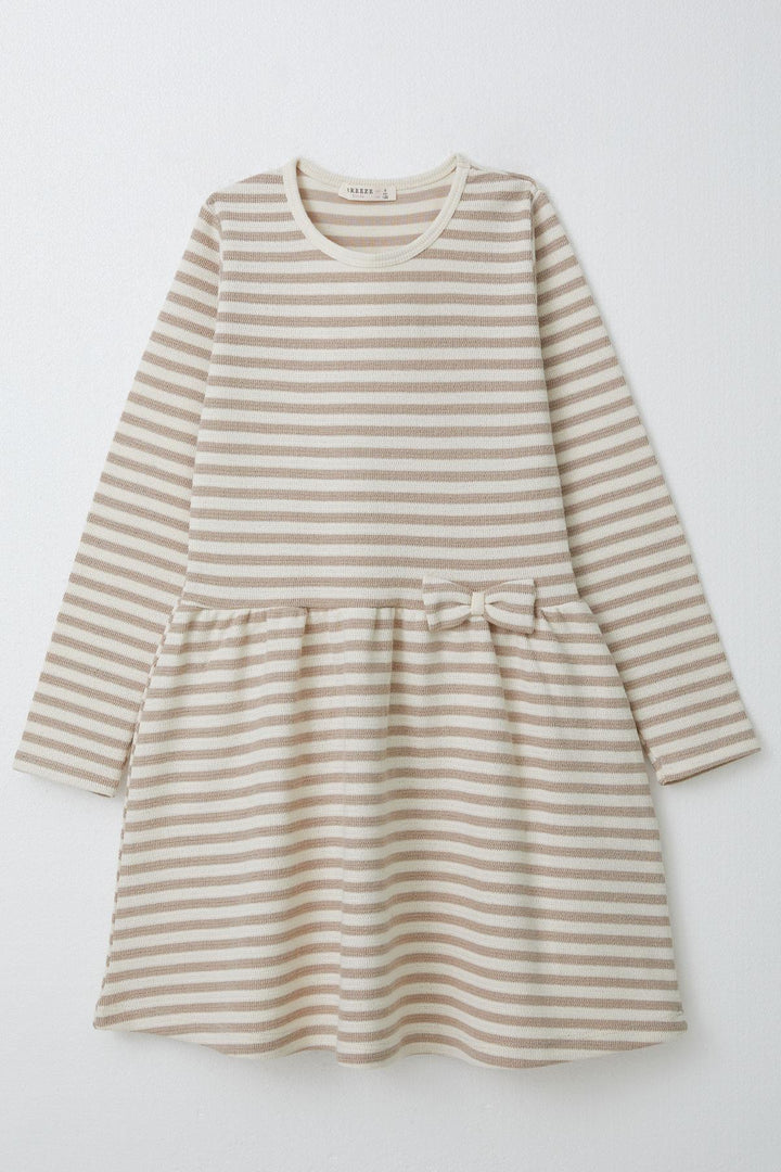BRE Breeze Girl Child Long Sleeve Dress Striped with Bow, Beige, 4-8 Years - Town Country