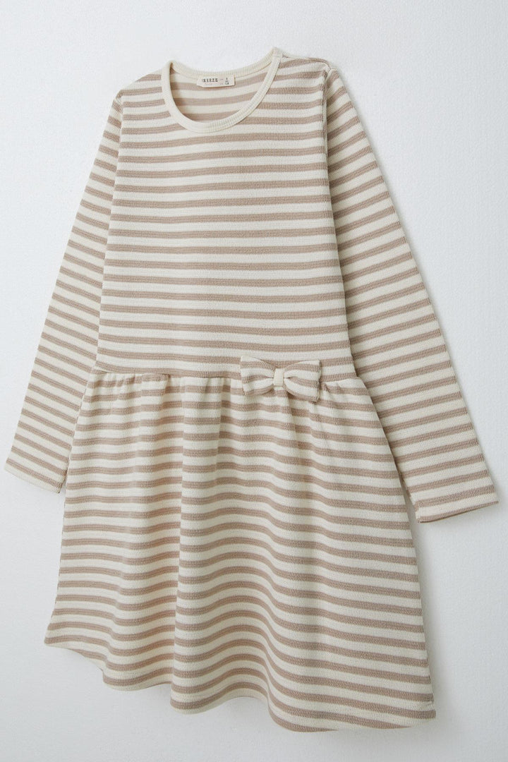 BRE Breeze Girl Child Long Sleeve Dress Striped with Bow, Beige, 4-8 Years - Town Country