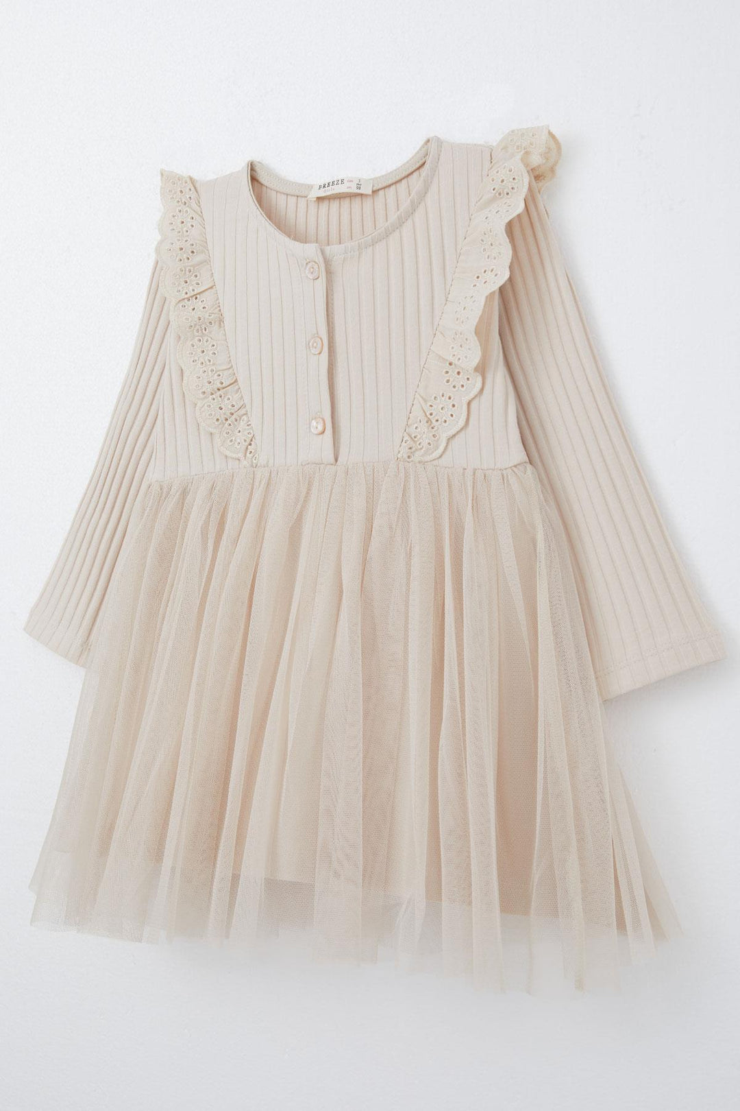 BRE Breeze Girl Child Long Sleeve Dress with Guipure Embroidery Buttoned 3-8 Years, Beige - Borgerhout