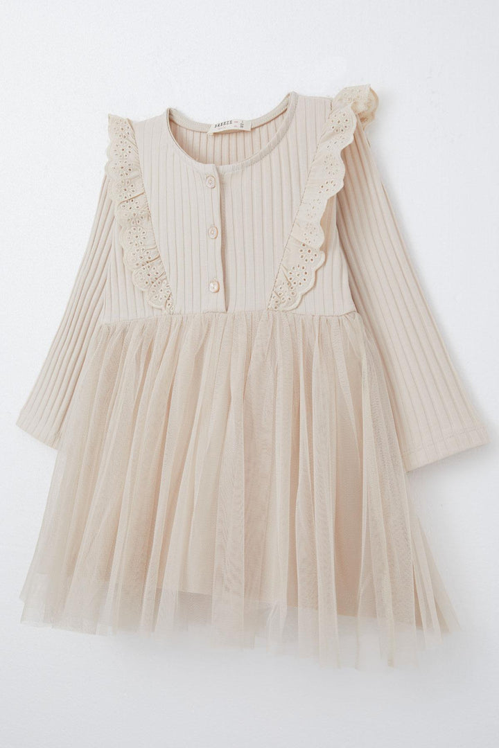BRE Breeze Girl Child Long Sleeve Dress with Guipure Embroidery Buttoned 3-8 Years, Beige - Borgerhout