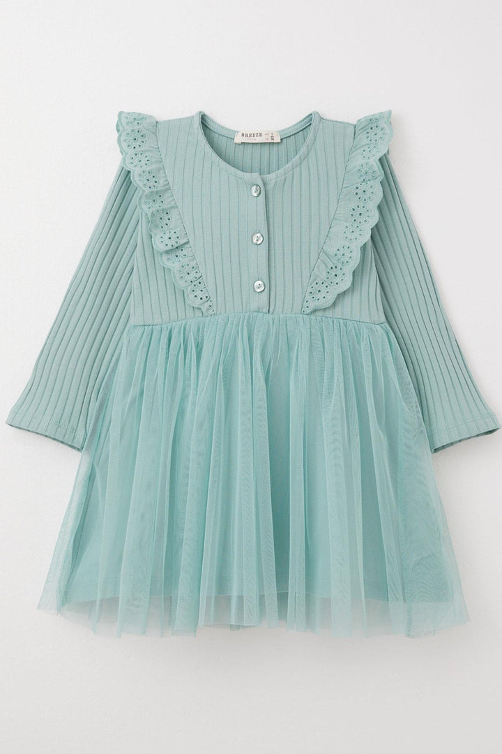 BRE Breeze Girl Child Long Sleeve Dress with Guipure Embroidery Buttoned 3-8 Years, Mint Green - Missoula