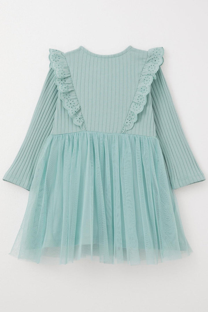 BRE Breeze Girl Child Long Sleeve Dress with Guipure Embroidery Buttoned 3-8 Years, Mint Green - Missoula