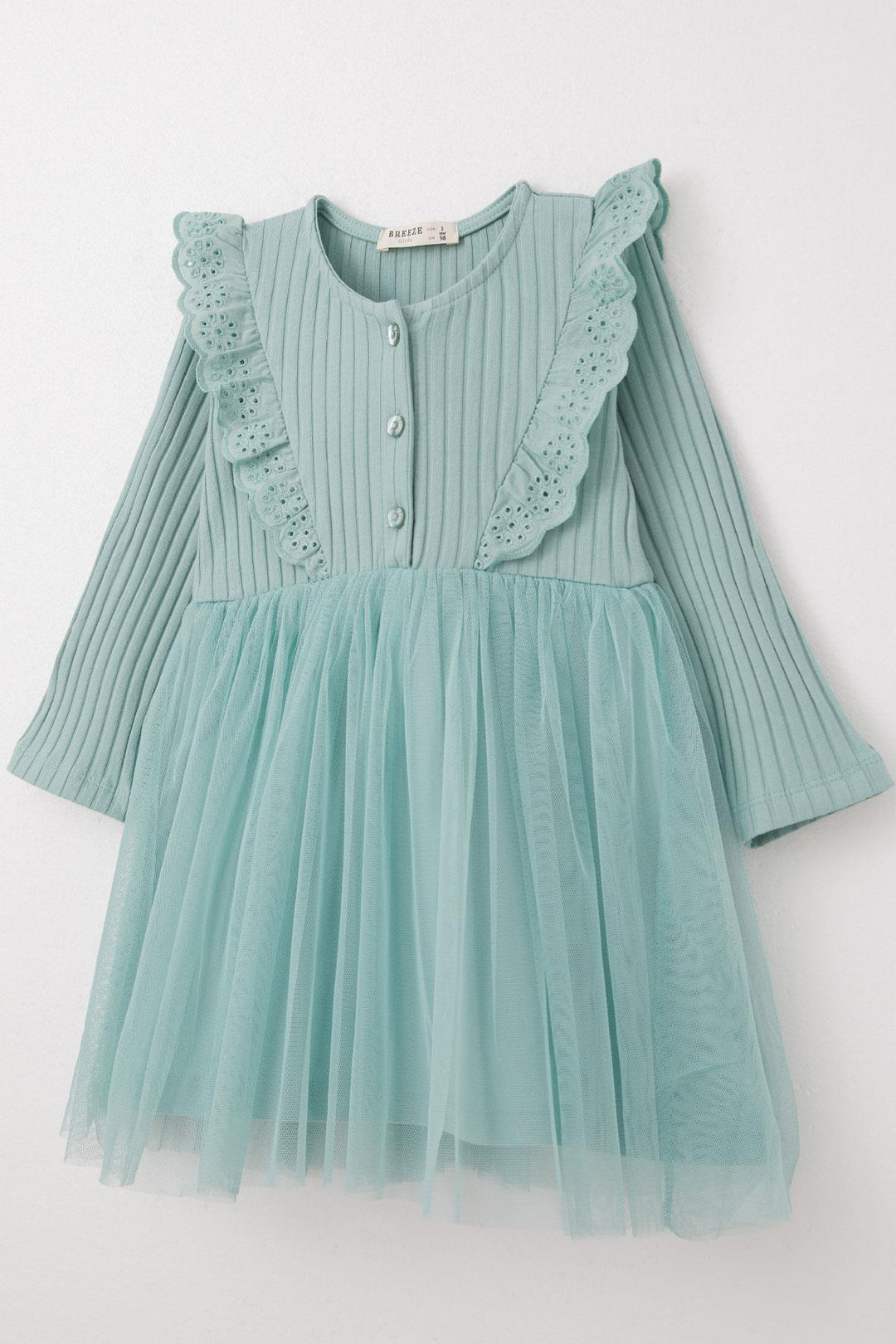 BRE Breeze Girl Child Long Sleeve Dress with Guipure Embroidery Buttoned 3-8 Years, Mint Green - Missoula