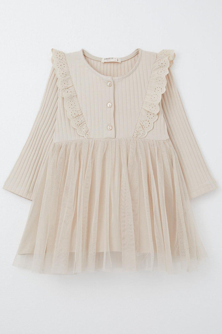 BRE Breeze Girl Child Long Sleeve Dress with Guipure Embroidery Buttoned 3-8 Years, Beige - Borgerhout