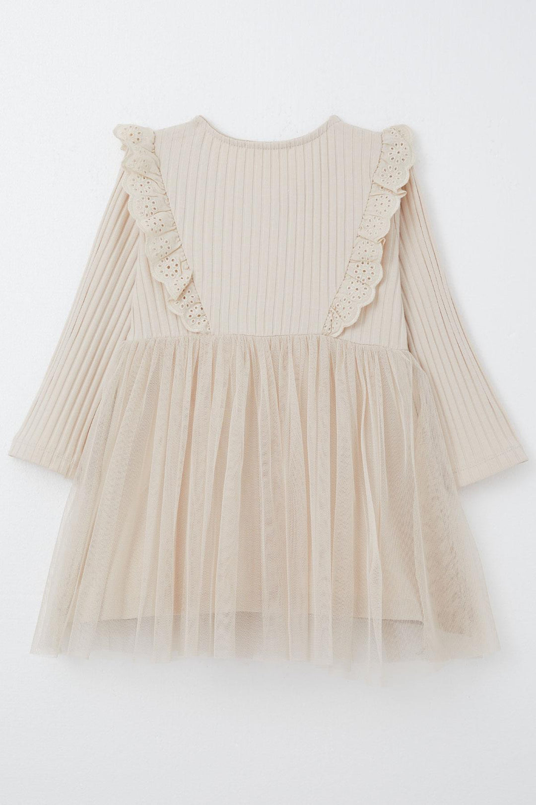 BRE Breeze Girl Child Long Sleeve Dress with Guipure Embroidery Buttoned 3-8 Years, Beige - Borgerhout