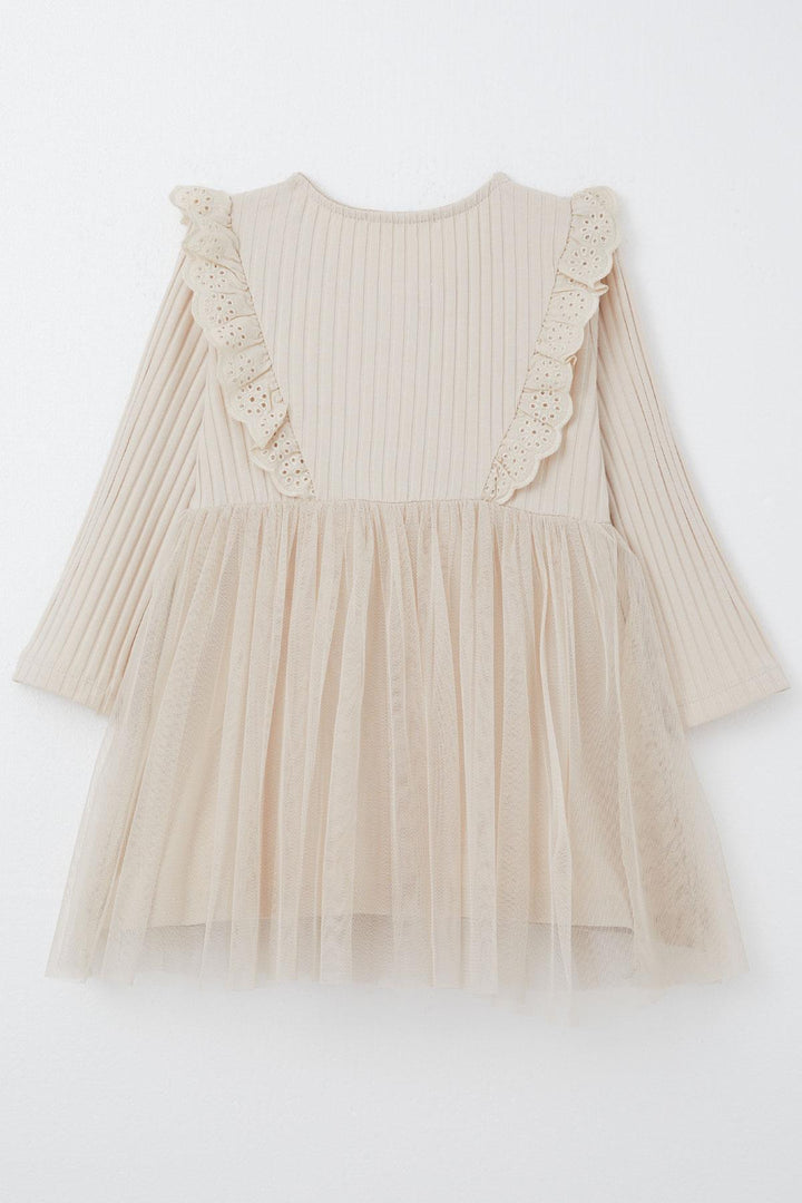 BRE Breeze Girl Child Long Sleeve Dress with Guipure Embroidery Buttoned 3-8 Years, Beige - Borgerhout