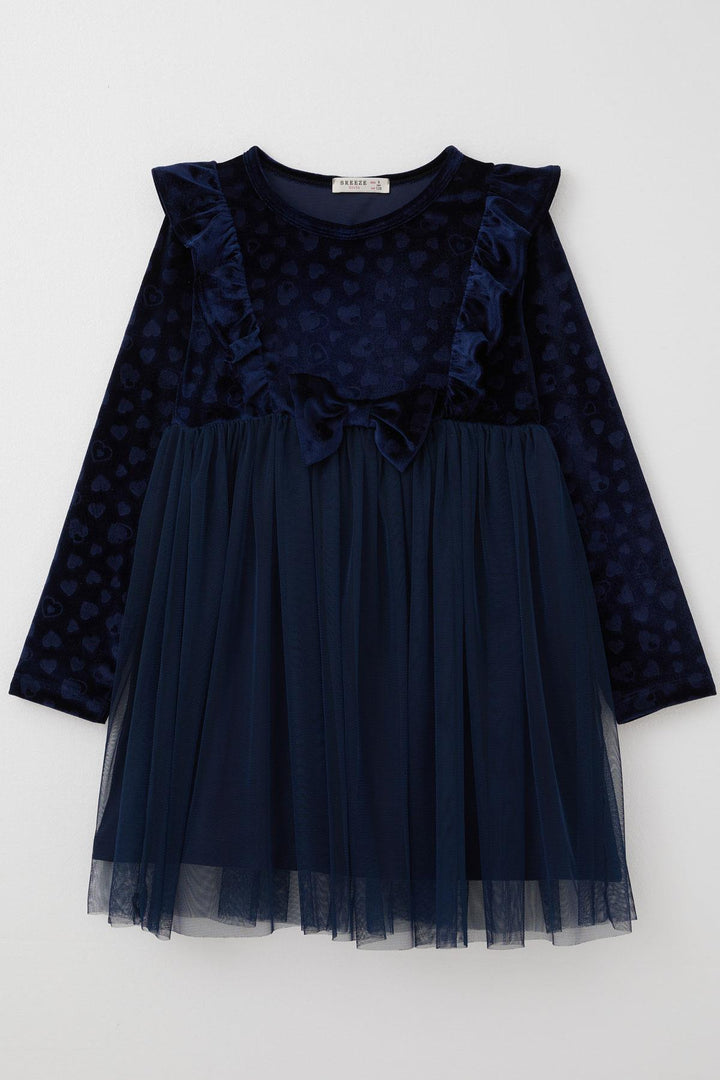 BRE Breeze Girl Child Long Sleeve Dress with Heart Pattern Bow Ruffled 4-8 Years, Navy Blue - Eastvale