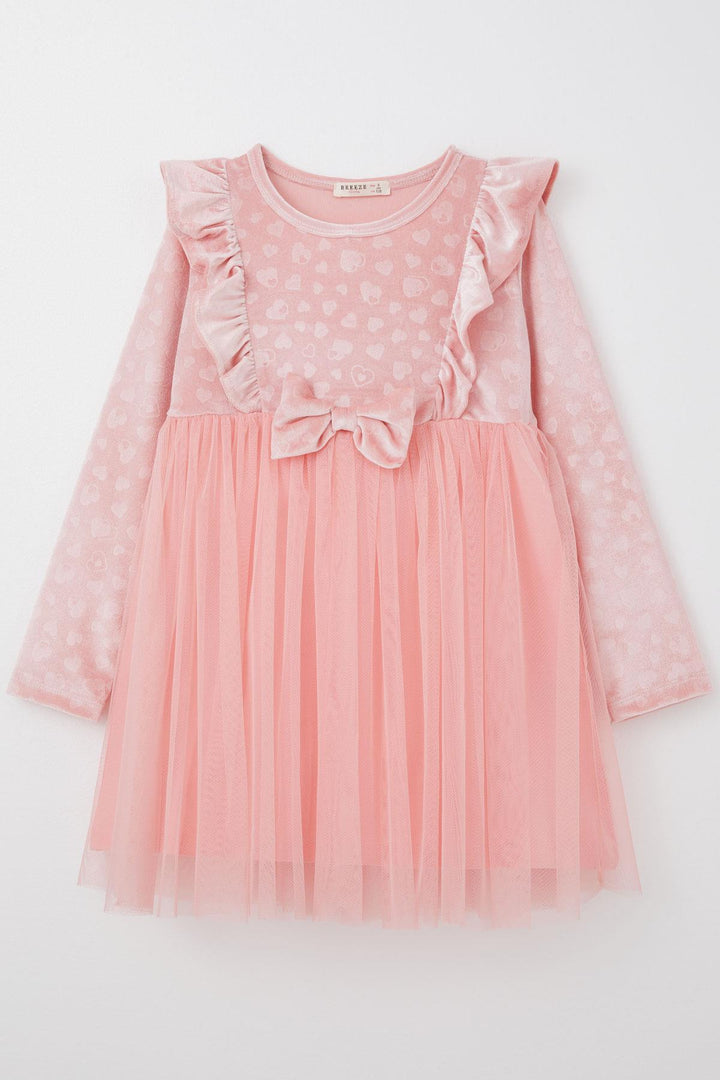 BRE Breeze Girl Child Long Sleeve Dress with Heart Pattern Bow Ruffled 4-8 Years, Pink - Corigliano Calabro