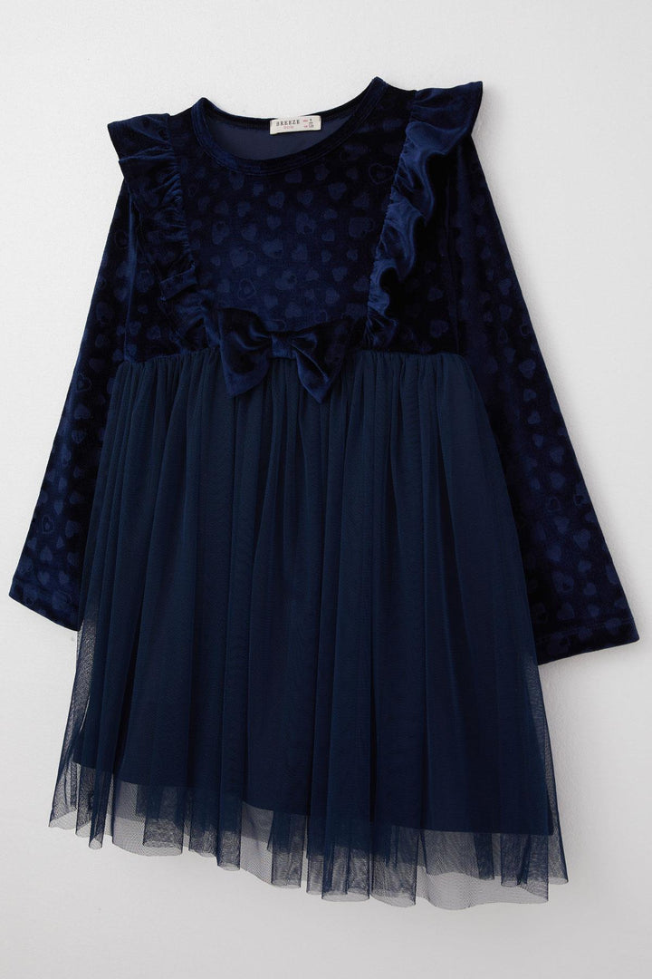 BRE Breeze Girl Child Long Sleeve Dress with Heart Pattern Bow Ruffled 4-8 Years, Navy Blue - Eastvale