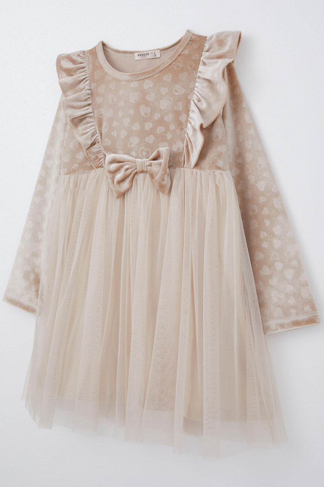 BRE Breeze Girl Child Long Sleeve Dress with Heart Pattern Bow Ruffled 4-8 Years, Beige - Solingen