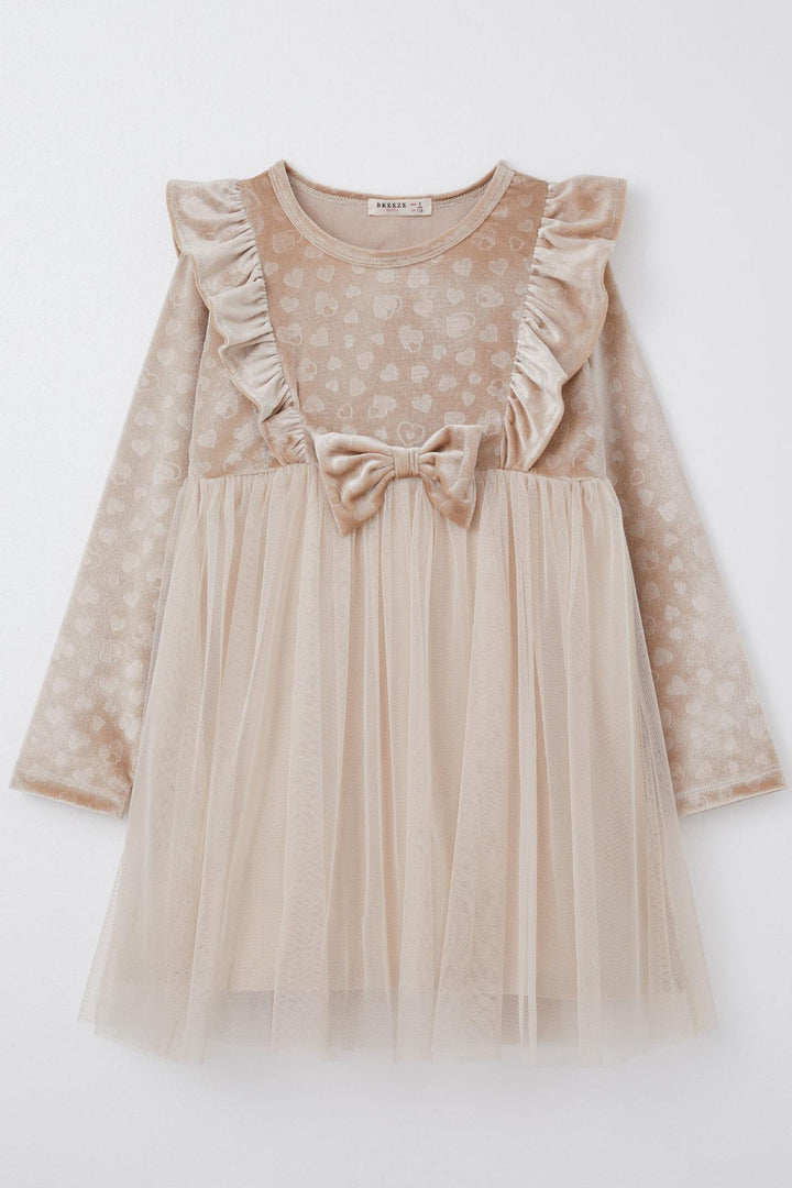 BRE Breeze Girl Child Long Sleeve Dress with Heart Pattern Bow Ruffled 4-8 Years, Beige - Solingen