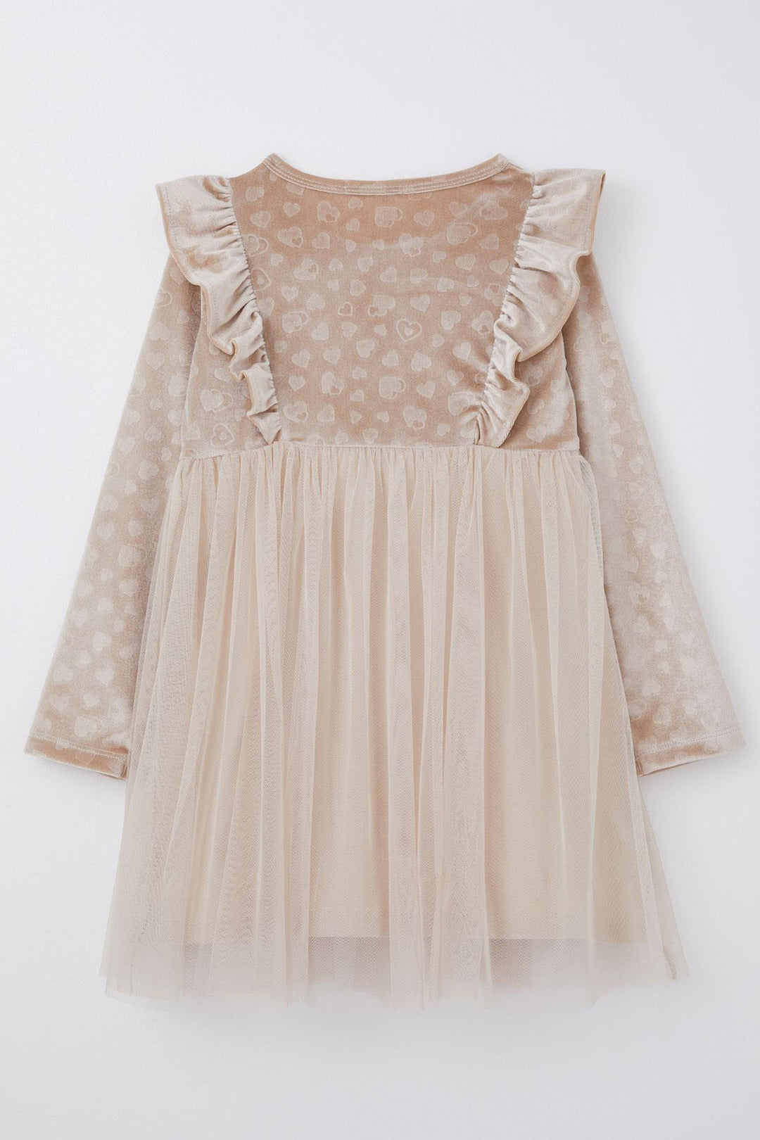 BRE Breeze Girl Child Long Sleeve Dress with Heart Pattern Bow Ruffled 4-8 Years, Beige - Solingen