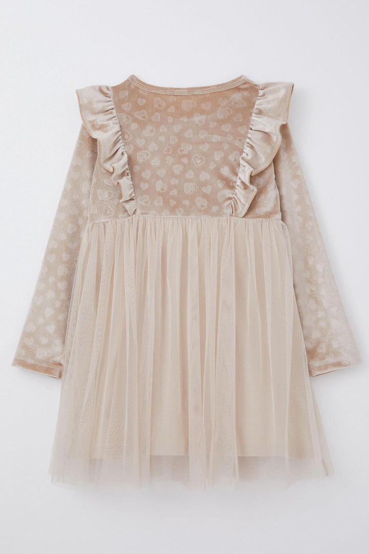BRE Breeze Girl Child Long Sleeve Dress with Heart Pattern Bow Ruffled 4-8 Years, Beige - Solingen