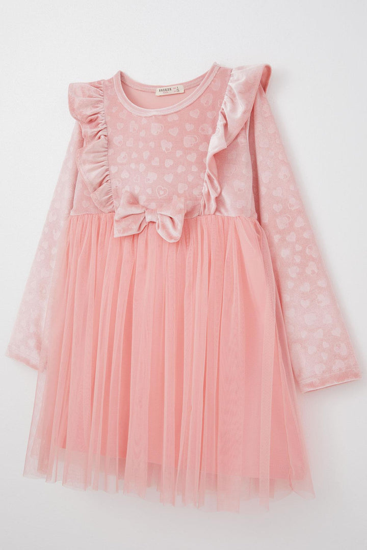 BRE Breeze Girl Child Long Sleeve Dress with Heart Pattern Bow Ruffled 4-8 Years, Pink - Corigliano Calabro