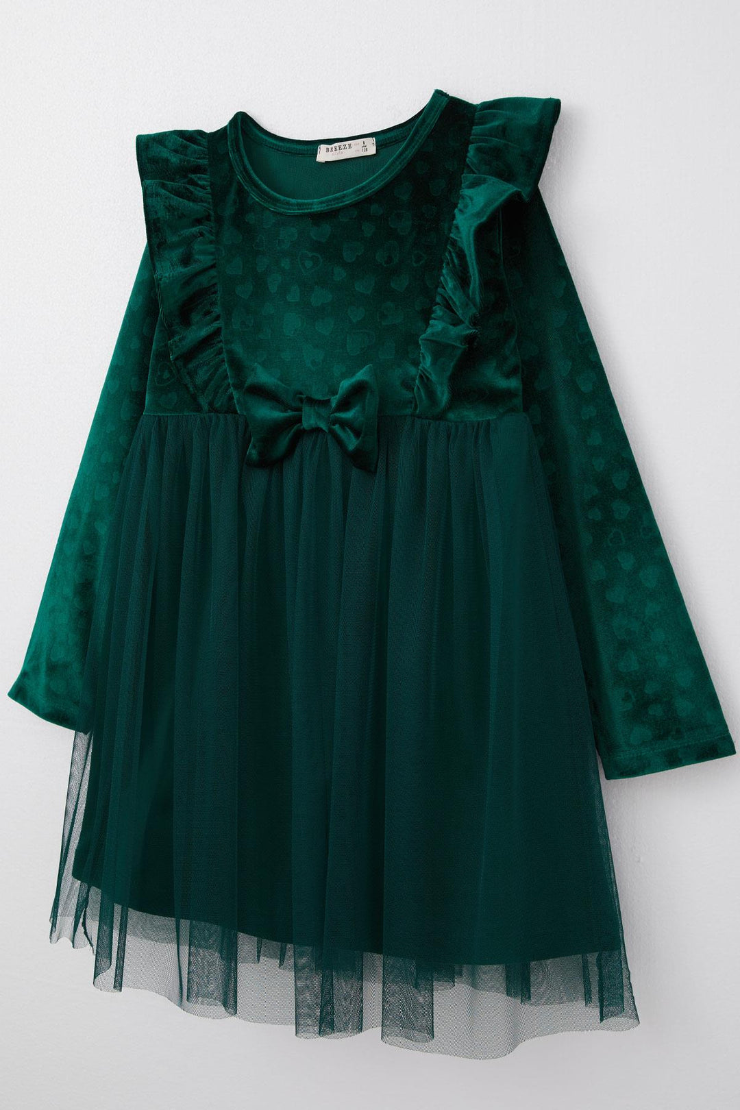 BRE Breeze Girl Child Long Sleeve Dress with Heart Pattern Bow Ruffled 4-8 Years, Dark Green - Weimar