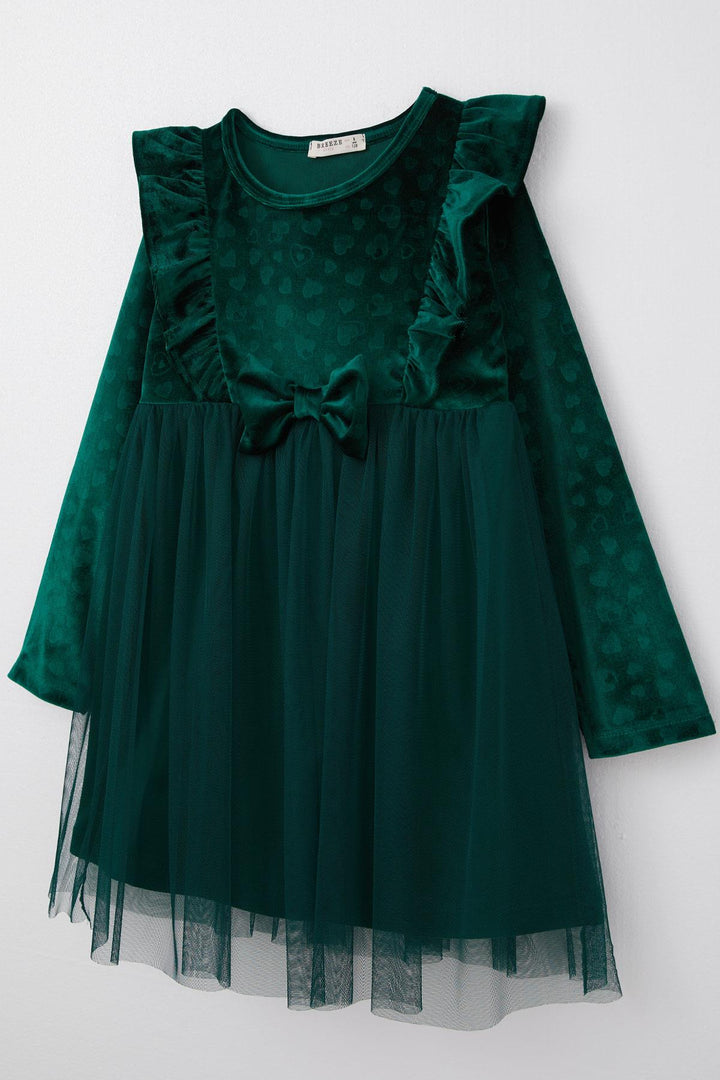 BRE Breeze Girl Child Long Sleeve Dress with Heart Pattern Bow Ruffled 4-8 Years, Dark Green - Weimar