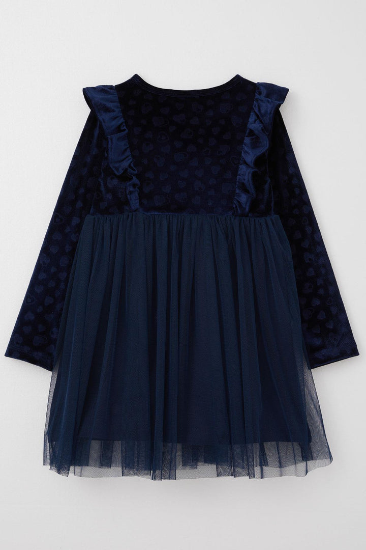 BRE Breeze Girl Child Long Sleeve Dress with Heart Pattern Bow Ruffled 4-8 Years, Navy Blue - Eastvale