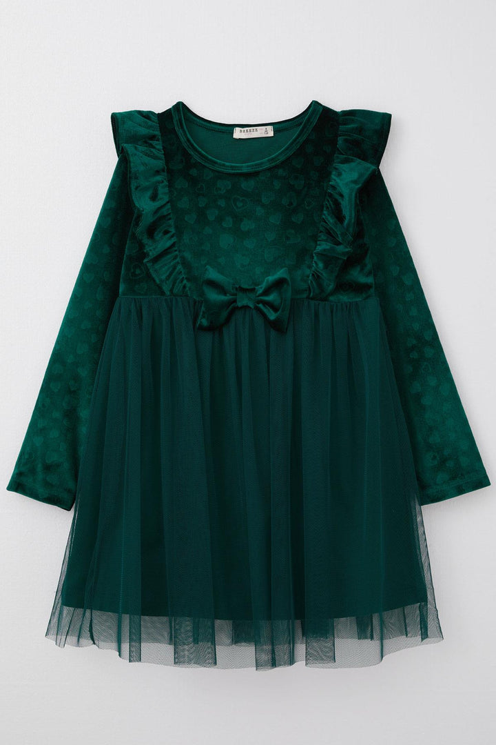 BRE Breeze Girl Child Long Sleeve Dress with Heart Pattern Bow Ruffled 4-8 Years, Dark Green - Weimar